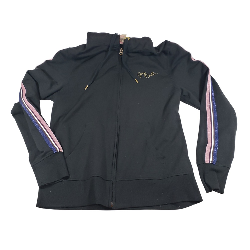Juicy Couture Black‎ Zip Up Hoodie Sport Gold Logo Stripes Size L